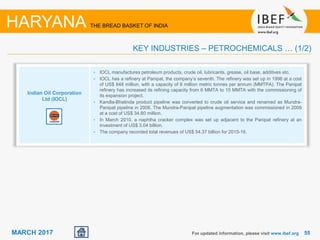 5555MARCH 2017 For updated information, please visit www.ibef.org
KEY INDUSTRIES – PETROCHEMICALS … (1/2)
HARYANA THE BREAD BASKET OF INDIA
• IOCL manufactures petroleum products, crude oil, lubricants, grease, oil base, additives etc.
• IOCL has a refinery at Panipat, the company’s seventh. The refinery was set up in 1998 at a cost
of US$ 848 million, with a capacity of 6 million metric tonnes per annum (MMTPA). The Panipat
refinery has increased its refining capacity from 6 MMTA to 15 MMTA with the commissioning of
its expansion project.
• Kandla-Bhatinda product pipeline was converted to crude oil service and renamed as Mundra-
Panipat pipeline in 2006. The Mundra-Panipat pipeline augmentation was commissioned in 2009
at a cost of US$ 34.80 million.
• In March 2010, a naphtha cracker complex was set up adjacent to the Panipat refinery at an
investment of US$ 3.04 billion.
• The company recorded total revenues of US$ 54.37 billion for 2015-16.
Indian Oil Corporation
Ltd (IOCL)
 