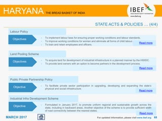 6868MARCH 2017
Land Pooling Scheme
• To acquire land for development of industrial infrastructure in a planned manner by the HSIIDC.
• To provide land owners with an option to become partners in the development process.
Read more
Objectives
Labour Policy
• To implement labour laws for ensuring proper working conditions and labour standards.
• To improve working conditions for women and eliminate all forms of child labour.
• To train and retain employees and officers.
Read more
Objectives
For updated information, please visit www.ibef.org
HARYANA THE BREAD BASKET OF INDIA
STATE ACTS & POLICIES … (4/4)
Public Private Partnership Policy
• To facilitate private sector participation in upgrading, developing and expanding the state’s
physical and social infrastructure.
Read more
Objective
Industrial Infra Development Scheme
• Formulated in January 2017, to promote uniform regional and sustainable growth across the
state, including in backward areas. Another objective of the scheme is to provide sufficient width
of road connectivity between the nearest states.
Read more
Objective
 