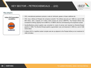 For updated information, please visit www.ibef.orgHARYANA38
KEY SECTOR – PETROCHEMICALS … (2/2)
 IOCL manufactures petroleum products, crude oil, lubricants, grease, oil base, additives etc.
 IOCL has a refinery at Panipat, the company’s seventh. The refinery was set up in 1998 at a cost of US$
848 million, with a capacity of 6 million metric tonnes per annum (MMTPA). The Panipat refinery has
increased its refining capacity from 6 MMTA to 15 MMTA with the commissioning of its expansion project.
 Kandla-Bhatinda product pipeline was converted to crude oil service and renamed as Mundra-Panipat
pipeline in 2006. The Mundra-Panipat pipeline augmentation was commissioned in 2009 at a cost of US$
34.80 million.
 In March 2010, a naphtha cracker complex was set up adjacent to the Panipat refinery at an investment of
US$ 3.04 billion.
Indian Oil Corporation
Ltd (IOCL)
Key players
 