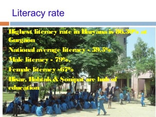 Literacy rate
 Highest literacy rate in Haryana is 86.30% at
Gurgaon
 National average literacy - 59.5%
 Male literacy - 79%,
 Female literacy -67%
 Hisar, Rohtak& Sonipat are hub of
education
 