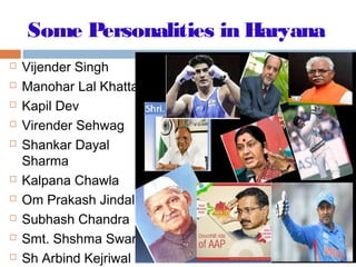 Some Personalities in Haryana
 Vijender Singh
 Manohar Lal Khattar 
 Kapil Dev 
 Virender Sehwag 
 Shankar Dayal
Sharma 
 Kalpana Chawla 
 Om Prakash Jindal 
 Subhash Chandra 
 Smt. Shshma Swaraj
 Sh Arbind Kejriwal
 