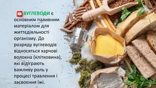 ВУГЛЕВОДИ є
основним паливним
матеріалом для
життєдіяльності
організму. До
розряду вуглеводів
відносяться харчові
волокна (клітковина),
які відіграють
важливу роль у
процесі травлення і
засвоєння їжі.
 