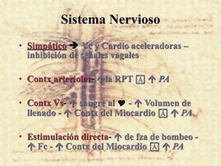 Sistema Nervioso
• Simpático  Vc y Cardio aceleradoras –
  inhibición de señales vagales

• Contx arteriolar- la RPT !  PA

• Contx Vs-  sangre al  -  Volumen de
  llenado -  Contx del Miocardio !  PA

• Estimulación directa-  de fza de bombeo -
   Fc -  Contx del Miocardio !  PA
 