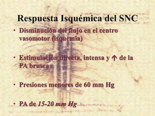 Respuesta Isquémica del SNC
• Disminución del flujo en el centro
  vasomotor (isquemia)

• Estimulación directa, intensa y  de la
  PA brusca

• Presiones menores de 60 mm Hg

• PA de 15-20 mm Hg
 