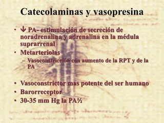 Catecolaminas y vasopresina
•  PA- estimulación de secreción de
  noradrenalina y adrenalina en la médula
  suprarrenal
• Metarteriolas
  – Vasoconstricción con aumento de la RPT y de la
    PA

• Vasoconstrictor mas potente del ser humano
• Barorreceptor
• 30-35 mm Hg la PA½
 