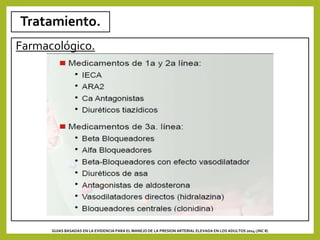 Tratamiento.
Farmacológico.
GUIAS BASADAS EN LA EVIDENCIA PARA EL MANEJO DE LA PRESION ARTERIAL ELEVADA EN LOS ADULTOS 2014 (JNC 8)
 