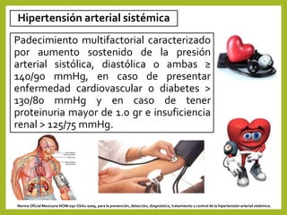 Hipertensión arterial sistémica
Padecimiento multifactorial caracterizado
por aumento sostenido de la presión
arterial sistólica, diastólica o ambas ≥
140/90 mmHg, en caso de presentar
enfermedad cardiovascular o diabetes >
130/80 mmHg y en caso de tener
proteinuria mayor de 1.0 gr e insuficiencia
renal > 125/75 mmHg.
Norma Oficial Mexicana NOM-030-SSA2-2009, para la prevención, detección, diagnóstico, tratamiento y control de la hipertensión arterial sistémica.
 