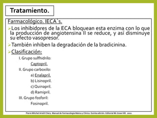 Tratamiento.
Farmacológico. IECA`s.
Los inhibidores de la ECA bloquean esta enzima con lo que
la producción de angiotensina II se reduce, y así disminuye
su efecto vasopresor.
También inhiben la degradación de la bradicinina.
Clasificación:
I. Grupo sulfhidrilo:
Captopril.
II. Grupo carboxilo:
a) Enalapril.
b) Lisinopril.
c) Quinapril.
d) Ramipril.
III.Grupo fosforil:
Fosinopril.
Pierre Mitchel Aristil Chery. Manual de Farmacología Básica y Clínica. Quinta edición. Editorial Mc Graw Hill. 2010.
 