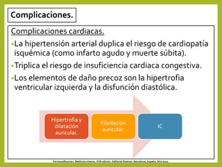 Complicaciones.
Complicaciones cardiacas.
•La hipertensión arterial duplica el riesgo de cardiopatía
isquémica (como infarto agudo y muerte súbita).
•Triplica el riesgo de insuficiencia cardiaca congestiva.
•Los elementos de daño precoz son la hipertrofia
ventricular izquierda y la disfunción diastólica.
Farreras/Rozman. Medicina interna. XVII edición. Editorial Elseiver. Barcelona, España. Año 2012.
Hipertrofia y
dilatación
auricular.
Fibrilación
auricular.
IC
 