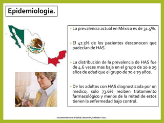Epidemiología.
• La prevalencia actual en México es de 31.5%.
• El 47.3% de los pacientes desconocen que
padecían de HAS.
• La distribución de la prevalencia de HAS fue
de 4.6 veces mas baja en el grupo de 20 a 29
años de edad que el grupo de 70 a 79 años.
• De los adultos con HAS diagnosticada por un
medico, solo 73.6% reciben tratamiento
farmacológico y menos de la mitad de estos
tienen la enfermedad bajo control.
Encuesta Nacional de Salud y Nutrición, ENSANUT 2012.
 