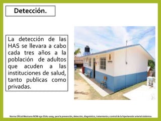 Detección.
La detección de las
HAS se llevara a cabo
cada tres años a la
población de adultos
que acuden a las
instituciones de salud,
tanto publicas como
privadas.
Norma Oficial Mexicana NOM-030-SSA2-2009, para la prevención, detección, diagnóstico, tratamiento y control de la hipertensión arterial sistémica.
 