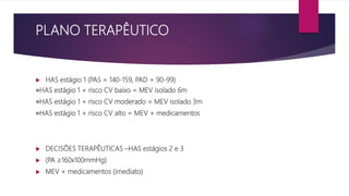 PLANO TERAPÊUTICO
 HAS estágio 1 (PAS = 140-159, PAD = 90-99)
੦HAS estágio 1 + risco CV baixo = MEV isolado 6m
੦HAS estágio 1 + risco CV moderado = MEV isolado 3m
੦HAS estágio 1 + risco CV alto = MEV + medicamentos
 DECISÕES TERAPÊUTICAS –HAS estágios 2 e 3
 (PA ≥160x100mmHg)
 MEV + medicamentos (imediato)
 