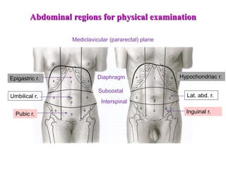Subcostal
Interspinal
Mediclavicular (pararectal) plane
Diaphragm Hypochondriac r.
Epigastric r.
Lat. abd. r.
Umbilical r.
Inguinal r.
Pubic r.
Abdominal regions for physical examination
 