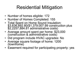 Residential Mitigation Number of homes eligible: 172 Number of Homes Completed: 155 Total Spent on Home Sound Insulation: $3,636,892.80($1,379.007.99 construction plus $2,2257,884.81 administrative costs) Average amount spent per home: $23,000 (construction & administrative costs) Did program include HVAC upgrades: No Average square footage of home: 1200 (townhome) Easement required for participating property: yes 