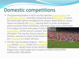 International competitions
 The major international competition in football is the World
  Cup, organised by FIFA. This c...