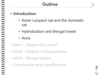 Outline
• Introduction
• Asian Leopard cat and the domestic
cat
• Hybridization and Bengal breed
• Aims
• Aim1 - Diagnostic panel
• Aim2 - Degree of Bengalness
• Aim3 - Bengal breed
• Conclusion and significance
• Introduction
• Asian Leopard cat and the domestic
cat
• Hybridization and Bengal breed
• Aims
 