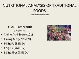 NUTRITIONAL ANALYSIS OF TRADITIONAL FOODS   from: nutritiondata.com GIAD - amaranth (195g or 1 cup) Amino Acid Score (101) 4.4 mg Mn (220% DV) 14.8g Fe (82% DV)  1.5g Cu (76% DV)  18.1g fiber (73% DV)  