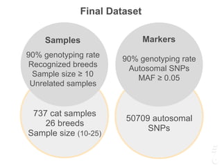 Final Dataset
Samples
90% genotyping rate
Recognized breeds
Sample size ≥ 10
Unrelated samples
Markers
90% genotyping rate
Autosomal SNPs
MAF ≥ 0.05
737 cat samples
26 breeds
Sample size (10-25)
50709 autosomal
SNPs
 
