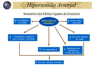 Hipertensão  Arterial Prostaglandina   E  Pressão  arterial  sistêmica Sensibilidade à insulina Óxido nítrico endotelial Diminuição da atividade da renina plasmática Excreção urinária de sódio Estimulação simpática para   coração   e   arteríolas  Possíveis mecanismos responsáveis pela redução da pressão arterial   em repouso, induzidos pelo treinamento aeróbio na hipertensão arterial essencial TREINAMENTO AERÓBICO  Somatório dos Efeitos Agudos do Exercício 