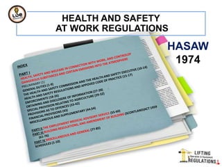 HEALTH AND SAFETY
AT WORK REGULATIONS
                  HASAW
                   1974
 