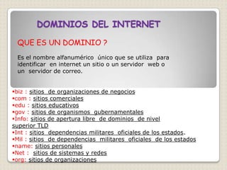 DOMINIOS DEL INTERNET

 QUE ES UN DOMINIO ?
 Es el nombre alfanumérico único que se utiliza para
 identificar en internet un sitio o un servidor web o
 un servidor de correo.


biz : sitios de organizaciones de negocios
com : sitios comerciales
edu : sitios educativos
gov : sitios de organismos gubernamentales
Info: sitios de apertura libre de dominios de nivel
superior TLD
Int : sitios dependencias militares oficiales de los estados.
Mil : sitios de dependencias militares oficiales de los estados
name: sitios personales
Net : sitios de sistemas y redes
org: sitios de organizaciones
 