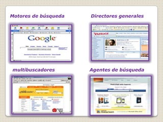 Motores de búsqueda   Directores generales




multibuscadores       Agentes de búsqueda
 