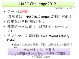 HASC Challenge2012
                          （2012年9月～2012年12月）

• テーマは継続
  参加者は HASC2012corpus が利用可能！
• 収集センサ種別数が拡大
• 基礎データは同じ（6行動＋１シーケン
  ス）
• ランドマーク間行動（Real World Activity
  Data）
   • 最寄りの駅から職場・学校・店舗等までの連続行
     動
          チュートリアルを各地
   • 3分～10分程度
    （名古屋・神戸・九州・東京）で開催
   • ラベリングツールを提供
            合計 60名近くの参加
 