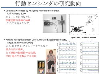 行動センシングの研究動向
・Context Awareness by Analysing Accelerometer Data,
  [Cliff Randell, 2000]
 歩く、しゃがむなどを、
 加速度値の各軸のRMS
  からクラスタリング




・Activity Recognition from User-Annotated Acceleration Data,
  [Ling Bao, Pervasive 2004]
 走る, 歯を磨く, ストレッチをするなど
 重力方向の検知,
 上下運動の振幅値の変化量,
 平均, 零点交差数などを利用
 