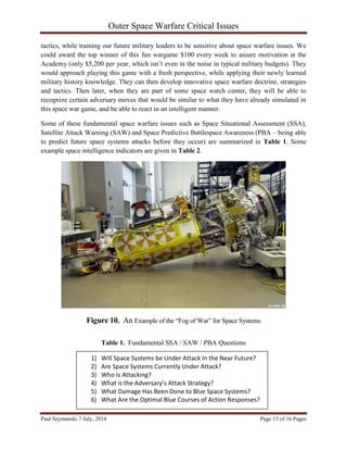 Outer Space Warfare Critical Issues
Paul Szymanski 7 July, 2014 Page 15 of 16 Pages
tactics, while training our future military leaders to be sensitive about space warfare issues. We
could award the top winner of this fun wargame $100 every week to assure motivation at the
Academy (only $5,200 per year, which isn’t even in the noise in typical military budgets). They
would approach playing this game with a fresh perspective, while applying their newly learned
military history knowledge. They can then develop innovative space warfare doctrine, strategies
and tactics. Then later, when they are part of some space watch center, they will be able to
recognize certain adversary moves that would be similar to what they have already simulated in
this space war game, and be able to react in an intelligent manner.
Some of these fundamental space warfare issues such as Space Situational Assessment (SSA),
Satellite Attack Warning (SAW) and Space Predictive Battlespace Awareness (PBA – being able
to predict future space systems attacks before they occur) are summarized in Table 1. Some
example space intelligence indicators are given in Table 2.
Figure 10. An Example of the “Fog of War” for Space Systems
Table 1. Fundamental SSA / SAW / PBA Questions
1) Will Space Systems be Under Attack In the Near Future?
2) Are Space Systems Currently Under Attack?
3) Who Is Attacking?
4) What is the Adversary’s Attack Strategy?
5) What Damage Has Been Done to Blue Space Systems?
6) What Are the Optimal Blue Courses of Action Responses?
 