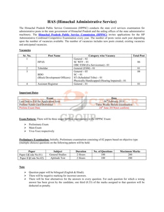 HAS (Himachal Administrative Service)
The Himachal Pradesh Public Service Commission (HPPSC) conducts the state civil services examination for
administrative posts in the state government of Himachal Pradesh and the aiding offices of the state administrative
machinery. The Himachal Pradesh Public Service Commission (HPPSC) invites applications for the HP
Administrative Combined Competitive Examination every year. The number of posts varies each year depending
upon the number of vacancies available. The number of vacancies includes new posts created, existing vacancies
and anticipated vacancies.
Vacancies
Sr. No. Post Name Category wise Vacancy Total Post
1
HPAS
General – 02
SC WFF – 01
OBC ESM (Ex-Serviceman) - 01
06
2 Tehsildar General (ESM) - 01 01
3
BDO
(Block Development Officers)
General – 05
SC – 01
ST (Scheduled Tribe) – 01
Physically Handicapped (Hearing Impaired) - 01
08
4 Assistant Registrar General – 01 01
Important Dates
Event Date
Last Date to Fill the Application form 06th
February 2019
Prelims Admit Card Download Three Weeks Before Examination
Prelims Exam Date 24th
June 2019(not confirm)
Exam Pattern: There will be three stages (offline examination) in the HPPSC Exam:
 Preliminary Exam
 Main Exam
 Viva-Voce respectively
Preliminary Examination: Initially, Preliminary examination consisting of 02 papers based on objective type
(multiple choices) questions on the following pattern will be held:
Paper Subject Duration No. of Questions Maximum Marks
Paper I (Code No.01) General Studies 2 Hours 100 200
Paper II (Code No.02) Aptitude Test 2 Hours 100 200
Note
 Question paper will be bilingual (English & Hindi).
 There will be negative marking for incorrect answers.
 There will be four alternatives for the answers to every question. For each question for which a wrong
answer has been given by the candidate, one third (0.33) of the marks assigned to that question will be
deducted as penalty.
 
