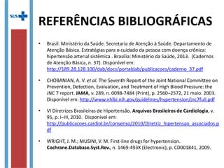 REFERÊNCIAS BIBLIOGRÁFICAS
• Brasil. Ministério da Saúde. Secretaria de Atenção à Saúde. Departamento de
Atenção Básica. Estratégias para o cuidado da pessoa com doença crônica:
hipertensão arterial sistêmica . Brasília: Ministério da Saúde, 2013. (Cadernos
de Atenção Básica, n. 37). Disponível em:
http://189.28.128.100/dab/docs/portaldab/publicacoes/caderno_37.pdf
• CHOBANIAN, A. V. et al. The Seventh Report of the Joint National Committee on
Prevention, Detection, Evaluation, and Treatment of High Blood Pressure: the
JNC 7 report. JAMA, v. 289, n. 0098-7484 (Print), p. 2560–2572, 21 maio. 2003.
Disponível em: http://www.nhlbi.nih.gov/guidelines/hypertension/jnc7full.pdf
• VI Diretrizes Brasileiras de Hipertensão. Arquivos Brasileiros de Cardiologia, v.
95, p. I–III, 2010. Disponível em:
http://publicacoes.cardiol.br/consenso/2010/Diretriz_hipertensao_associados.p
df
• WRIGHT, J. M.; MUSINI, V. M. First-line drugs for hypertension.
Cochrane.Database.Syst.Rev., n. 1469-493X (Electronic), p. CD001841, 2009.
 