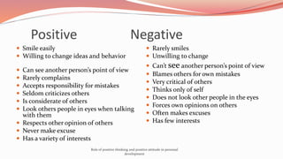  Smile easily
 Willing to change ideas and behavior
 Can see another person’s point of view
 Rarely complains
 Accepts responsibility for mistakes
 Seldom criticizes others
 Is considerate of others
 Look others people in eyes when talking
with them
 Respects other opinion of others
 Never make excuse
 Has a variety of interests
 Rarely smiles
 Unwilling to change
 Can’t see another person’s point of view
 Blames others for own mistakes
 Very critical of others
 Thinks only of self
 Does not look other people in the eyes
 Forces own opinions on others
 Often makes excuses
 Has few interests
Positive Negative
Role of positive thinking and positive attitude in personal
development
 