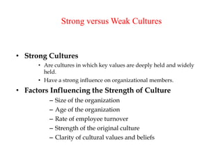 Strong versus Weak Cultures
• Strong Cultures
• Are cultures in which key values are deeply held and widely
held.
• Have a strong influence on organizational members.
• Factors Influencing the Strength of Culture
– Size of the organization
– Age of the organization
– Rate of employee turnover
– Strength of the original culture
– Clarity of cultural values and beliefs
 