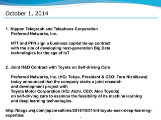 October 1, 2014
4
1．Nippon Telegraph and Telephone Corporation
Preferred Networks, Inc.
NTT and PFN sign a business capital tie-up contract
with the aim of developing next-generation Big Data
technologies for the age of IoT
2．Joint R&D Contract with Toyota on Self-driving Cars
Preferred Networks, Inc. (HQ: Tokyo, President & CEO: Toru Nishikawa)
today announced that the company starts a joint research
and development project with
Toyota Motor Corporation (HQ: Aichi, CEO: Akio Toyoda)
on self-driving cars to examine the feasibility of its machine learning
and deep learning technologies.
http://blogs.wsj.com/japanrealtime/2014/10/01/ntt-toyota-seek-deep-learning-
expertise/
 