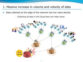 1. Massive increase in volume and velocity of data
 Data collected at the edge of the network has low value density
– Collecting all data in the Cloud does not make sense
7
 