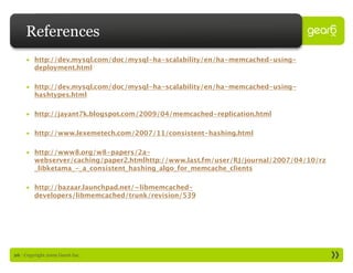 References
     • http://dev.mysql.com/doc/mysql-ha-scalability/en/ha-memcached-using-
       deployment.html

     • http://dev.mysql.com/doc/mysql-ha-scalability/en/ha-memcached-using-
       hashtypes.html

     • http://jayant7k.blogspot.com/2009/04/memcached-replication.html

     • http://www.lexemetech.com/2007/11/consistent-hashing.html

     • http://www8.org/w8-papers/2a-
       webserver/caching/paper2.htmlhttp://www.last.fm/user/RJ/journal/2007/04/10/rz
       _libketama_-_a_consistent_hashing_algo_for_memcache_clients

     • http://bazaar.launchpad.net/~libmemcached-
       developers/libmemcached/trunk/revision/539




26 : Copyright 2009 Gear6 Inc.
 