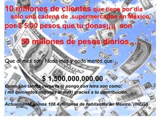 10 millones de clientes   que tiene por dia  solo una cadena de  supermercados en México,  por $ 5.00 pesos que tu donas¡¡¡¡  son :   50 millones de pesos diarios….. Que al mes son: Nada mas y nada menos que: $ 1,500,000,000.00 Como son tantos ceros te lo pongo con letra son como:  ( mil quinientos millones al mes) gracias a tu contribución. Actualmente somos 108.4 millones de habitantes en México. (INEGI) 