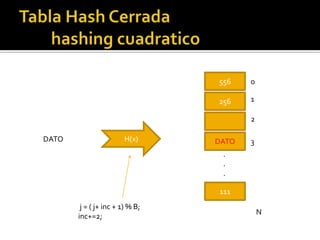 556    0

                                 256    1

                                        2

DATO                    H(x)     DATO   3
                                  .
                                  .
                                  .

                                 111
        j = ( j+ inc + 1) % B;
                                            N
       inc+=2;
 