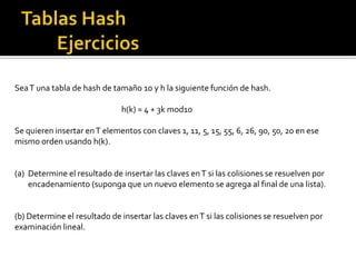 Sea T una tabla de hash de tamaño 10 y h la siguiente función de hash.

                              h(k) = 4 + 3k mod10

Se quieren insertar en T elementos con claves 1, 11, 5, 15, 55, 6, 26, 90, 50, 20 en ese
mismo orden usando h(k).


(a) Determine el resultado de insertar las claves en T si las colisiones se resuelven por
    encadenamiento (suponga que un nuevo elemento se agrega al final de una lista).


(b) Determine el resultado de insertar las claves en T si las colisiones se resuelven por
examinación lineal.
 