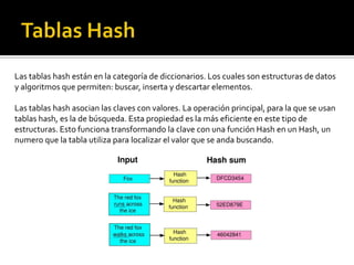 Las tablas hash están en la categoría de diccionarios. Los cuales son estructuras de datos
y algoritmos que permiten: buscar, inserta y descartar elementos.

Las tablas hash asocian las claves con valores. La operación principal, para la que se usan
tablas hash, es la de búsqueda. Esta propiedad es la más eficiente en este tipo de
estructuras. Esto funciona transformando la clave con una función Hash en un Hash, un
numero que la tabla utiliza para localizar el valor que se anda buscando.
 