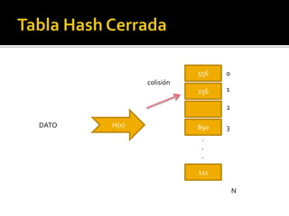 556   0
              colisión
                         256   1

                               2

DATO   H(x)              890   3
                          .
                          .
                          .

                         111

                                   N
 