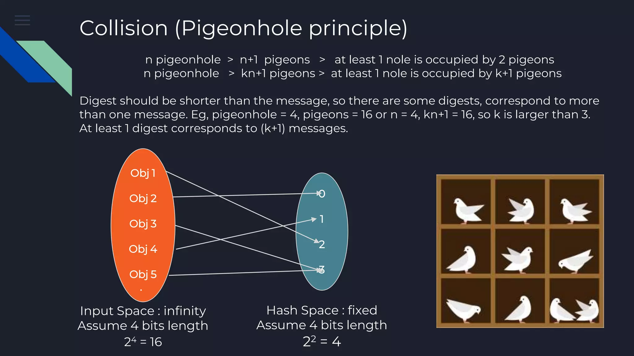 Collision (Pigeonhole principle) Input Space : infinity Assume 4 bits length Hash Space : fixed Assume 4 bits length n pigeonhole > n+1 pigeons > at least 1 nole is occupied by 2 pigeons n pigeonhole > kn+1 pigeons > at least 1 nole is occupied by k+1 pigeons Digest should be shorter than the message, so there are some digests, correspond to more than one message. Eg, pigeonhole = 4, pigeons = 16 or n = 4, kn+1 = 16, so k is larger than 3. At least 1 digest corresponds to (k+1) messages. 22 = 424 = 16 Obj 1 Obj 2 Obj 3 Obj 4 Obj 5 . 0 1 2 3 