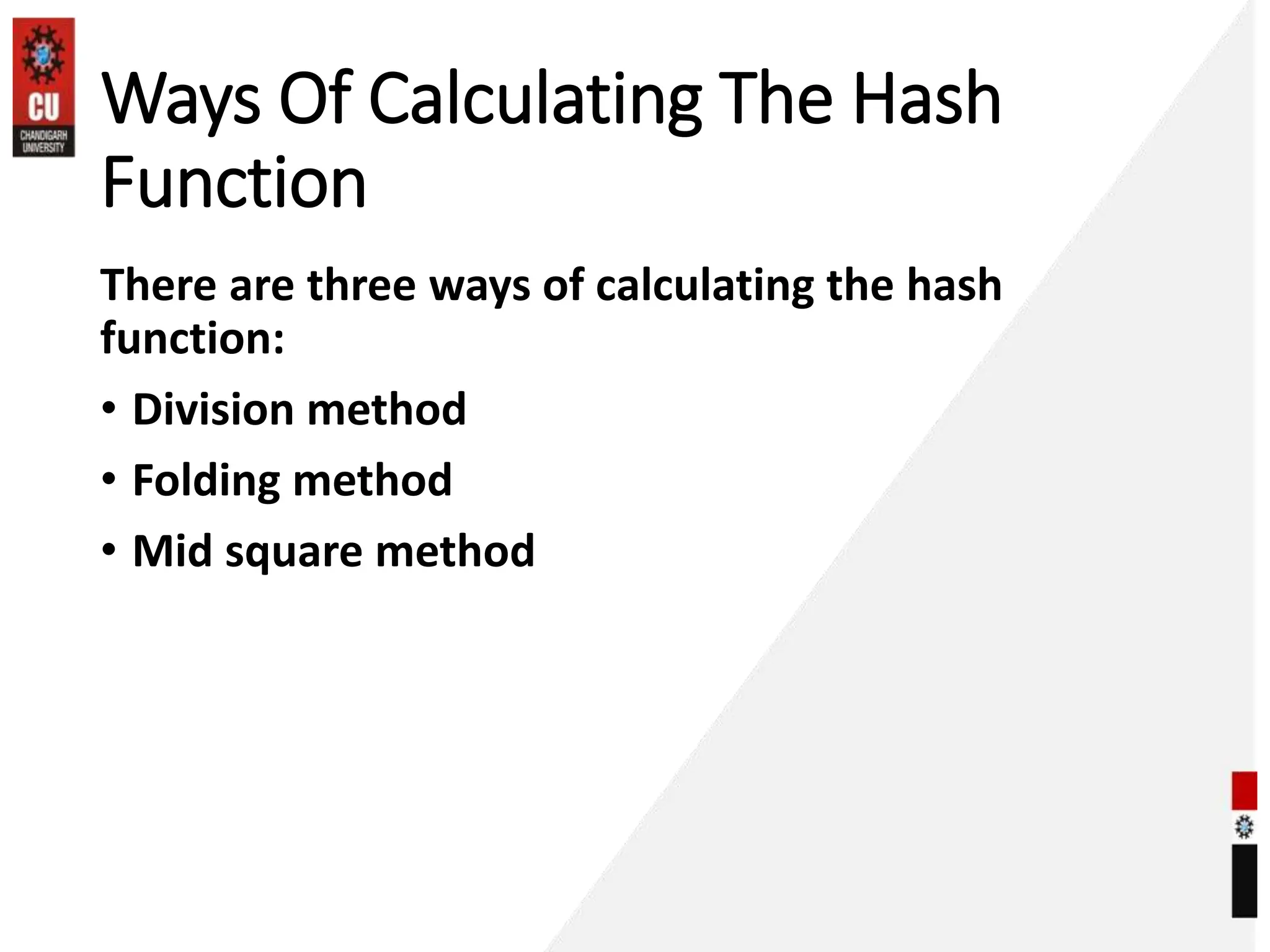 Ways Of Calculating The Hash
Function
There are three ways of calculating the hash
function:
• Division method
• Folding method
• Mid square method
 