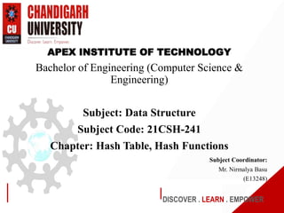 DISCOVER . LEARN . EMPOWER
APEX INSTITUTE OF TECHNOLOGY
Bachelor of Engineering (Computer Science &
Engineering)
Subject: Data Structure
Subject Code: 21CSH-241
Chapter: Hash Table, Hash Functions
Subject Coordinator:
Mr. Nirmalya Basu
(E13248)
 