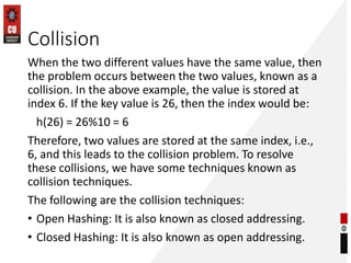 Collision
When the two different values have the same value, then
the problem occurs between the two values, known as a
collision. In the above example, the value is stored at
index 6. If the key value is 26, then the index would be:
h(26) = 26%10 = 6
Therefore, two values are stored at the same index, i.e.,
6, and this leads to the collision problem. To resolve
these collisions, we have some techniques known as
collision techniques.
The following are the collision techniques:
• Open Hashing: It is also known as closed addressing.
• Closed Hashing: It is also known as open addressing.
 