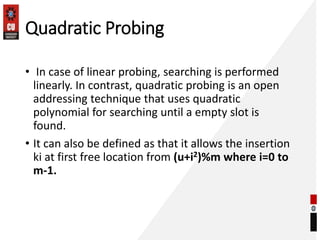 Quadratic Probing
• In case of linear probing, searching is performed
linearly. In contrast, quadratic probing is an open
addressing technique that uses quadratic
polynomial for searching until a empty slot is
found.
• It can also be defined as that it allows the insertion
ki at first free location from (u+i2)%m where i=0 to
m-1.
 