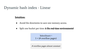 Intuition:
● Avoid the directories to save one memory access.
● Split one bucket per time: it fits real-time environments!
Dynamic hash index - Linear
Select/Insert ≅
1 + (# overflow pages)
# overflow pages almost constant
 