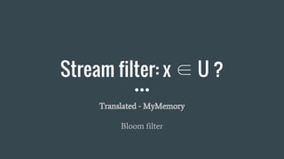 Stream filter: x ∈ U ?
Translated - MyMemory
Bloom filter
 
