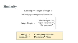 Similarity
Substrings => Shingles of length S
Storage ≅ S * Doc_length * #Docs
Complexity ≅ Doc_length * #Docs
Set of shingles =
...
“Midway upon the”,
“upon the journey”,
“the journey of”,
...
“Midway upon the journey of our life”
 