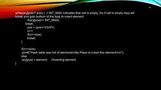 while(ary[pos=! size) { // INT_MAX indicates that cell is empty. So if cell is empty loop will
break and goto bottom of the loop to insert element
if(ary[pos]== INT_MAX)
break;
pos = (pos+1)%hFn;
n++;
if(n==size)
break;
}
if(n==size)
printf("Hash table was full of elementsnNo Place to insert this elementnn");
else
ary[pos] = element; //Inserting element
}
24
 